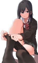 Rule 34 | 1girl, absurdres, amu (258shin), black cardigan, black eyes, black hair, black pantyhose, black skirt, blush, bow, bowtie, cardigan, clothes pull, collarbone, collared shirt, commentary request, dressing, hair between eyes, highres, knee up, long hair, long sleeves, looking at viewer, miniskirt, no shoes, original, panties, panty peek, pantyhose, parted lips, pleated skirt, red bow, red bowtie, school uniform, shadow, shirt, sidelocks, simple background, sitting, skirt, solo, thighs, undershirt, underwear, white background, white panties, white shirt