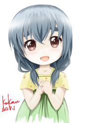 Rule 34 | 1girl, blue hair, brown eyes, casual, child, eyebrows, furutani kaede, highres, kem kem, own hands clasped, own hands together, simple background, solo, twintails, white background, yuru yuri