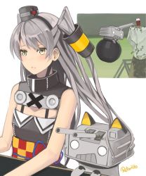Rule 34 | 1girl, amatsukaze (kancolle), animal ears, blush, cannon, cat ears, coffee cup, cosplay, cup, disposable cup, flat chest, getting over it, grey hair, hair tubes, hat, highres, kaguya luna, kaguya luna (character) (cosplay), kantai collection, light blush, long hair, mini hat, o o, rensouhou-kun, retorillo, sleeveless, the moon studio, turret, two side up, virtual youtuber, white background, yellow eyes