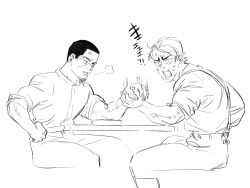 Rule 34 | 2boys, arm wrestling, book, chengongzi123, clenched hand, commentary, constricted pupils, facial hair, feet out of frame, goatee, golden kamuy, grin, hand on own hip, highres, koito otonoshin, lineart, looking at another, male focus, multiple boys, open mouth, pants, puff of air, shirt, short hair, simple background, sitting, smile, suspenders, symbol-only commentary, table, translation request, tsukishima hajime, veins, very short hair, white background