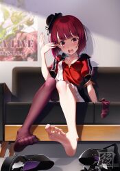 Rule 34 | 1girl, arima kana, barefoot, blush, couch, feet, highres, knees together feet apart, looking at viewer, medium hair, open mouth, oshi no ko, red eyes, red hair, shoes, unworn shoes, sitting, unworn socks, soles, suruya, sweat, thighhighs, toes