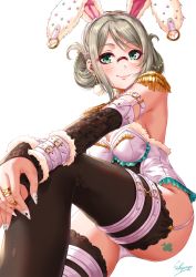 Rule 34 | 1girl, animal ears, ass tattoo, bare shoulders, black thighhighs, blonde hair, blush, breasts, cleavage, closed mouth, club (shape), detached sleeves, earrings, epaulettes, fake animal ears, garter straps, glasses, green eyes, highres, jewelry, kantai collection, katori (kancolle), leotard, long hair, looking at viewer, medium breasts, playboy bunny, rabbit ears, rabbit girl, ring, sakiyamama, simple background, smile, solo, swept bangs, thighhighs, thighs, white background, white leotard