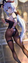 Rule 34 | 1girl, absurdres, ahoge, alternate costume, animal ears, artist request, ass, bare shoulders, black pantyhose, blue hair, blush, breasts, cup, drinking glass, fake animal ears, from behind, ganyu (genshin impact), genshin impact, hair between eyes, hand on ass, highres, horns, large breasts, leotard, long hair, looking at viewer, looking back, pantyhose, parted lips, playboy bunny, purple eyes, rabbit ears, rabbit tail, shiny clothes, shiny skin, sideboob, smile, solo, tail, thigh strap, thighs, very long hair