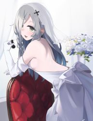 Rule 34 | 1girl, :d, bare shoulders, blue flower, bow, chess piece, commentary, dress, elbow gloves, flower, girls&#039; frontline, gloves, green eyes, grey hair, hair over one eye, highres, hinami047, holding, long hair, looking at viewer, looking back, official alternate costume, open mouth, rose, see-through, smile, solo, veil, very long hair, wedding dress, white bow, white dress, white flower, white gloves, white rose, xm8 (girls&#039; frontline), xm8 (the rose chess player&#039;s confession) (girls&#039; frontline)