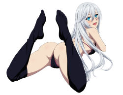 Rule 34 | 10s, 1girl, ass, bikini, blue eyes, blush, breasts, cameltoe, feet, from behind, highres, kekke, la folia rihavein, long hair, looking at viewer, lying, medium breasts, no shoes, official art, on stomach, open mouth, over-kneehighs, silver hair, simple background, smile, solo, strike the blood, swimsuit, the pose, thighhighs, white background