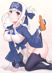 Rule 34 | 10s, 1girl, ainu clothes, bandana, black thighhighs, blue eyes, breasts, carrot, covered erect nipples, cropped jacket, folded ponytail, fundoshi, headband, japanese clothes, kamoi (kancolle), kantai collection, kneeling, large breasts, long hair, long sleeves, looking at viewer, navel, sai-go, sidelocks, solo, thick eyebrows, thighhighs, white hair, wrist guards