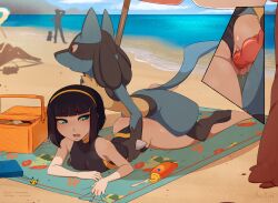 Rule 34 | 1boy, 1girl, animal penis, arm support, artist name, ass, bad id, bad pixiv id, bare shoulders, barefoot, beach, beach towel, beach umbrella, bestiality, black hair, black one-piece swimsuit, blue eyes, blue sky, blunt bangs, blush, bob cut, body freckles, bottle, boy on top, bread, breasts, cellphone charm, charm (object), clitoris, clothing aside, cloud, commission, competition swimsuit, creatures (company), dated, flying sweatdrops, food, freckles, full body, furry, furry male, furry with non-furry, game freak, gen 1 pokemon, gen 4 pokemon, grabbing, hairband, hand on another&#039;s waist, hetero, highleg, highleg swimsuit, horizon, inset, interspecies, kasia mikolajczyk, knotted penis, light particles, loaf of bread, looking away, looking back, lotion, lucario, lying, merunyaa, narrowed eyes, nintendo, ocean, on stomach, one-piece swimsuit, original, outdoors, patreon username, penis, people, picnic, picnic basket, pikachu, pixiv username, pokedex, pokemon, pokemon (creature), pokephilia, prone bone, public indecency, pussy, raised eyebrows, red eyes, sand, sex, sex from behind, shiny skin, short hair, signature, silhouette, sky, small breasts, spill, sunscreen, sweat, swimsuit, swimsuit aside, towel, two-tone swimsuit, umbrella, uncensored, vaginal, water, wicker basket, yellow hairband, yellow one-piece swimsuit