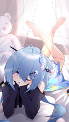 Rule 34 | 1girl, ;o, ahoge, barefoot, bed, blue hair, blue skirt, full body, griseo, griseo (starry impression), hair ornament, hairclip, hands on own cheeks, hands on own face, highres, honkai (series), honkai impact 3rd, indoors, jacker, long hair, long sleeves, looking at viewer, lying, on back, on stomach, one eye closed, purple eyes, skirt, soles, solo, stuffed animal, stuffed toy, teddy bear, the pose, toes, ziluolan jia de mao