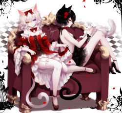 Rule 34 | 2girls, absurdres, animal ear fluff, animal ears, artist name, backless outfit, bare arms, bare back, bare legs, bare shoulders, birdcage, black choker, black dress, black footwear, black hair, black ribbon, blue eyes, blue nails, bow, bowtie, brown footwear, cage, cat, cat ears, cat tail, checkered floor, choker, collarbone, commentary, couch, crescent, detached collar, detached sleeves, dress, eyelashes, flower, from side, full body, fur collar, garter straps, hair between eyes, hair bow, hair flower, hair ornament, heterochromia, high heels, highres, juliet sleeves, knees up, long sleeves, multiple girls, nail polish, original, petals, petticoat, profile, puffy sleeves, pumps, red bow, red dress, red eyes, red flower, red nails, red neckwear, red rose, ribbon, rose, rose petals, shadow, sheya, short hair, signature, silver hair, simple background, sitting, skirt hold, smile, strapless, strapless dress, tail, thighhighs, thighs, wavy hair, white background, white cat, white legwear, wide sleeves, wrist ribbon, yellow eyes, zettai ryouiki