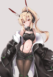 Rule 34 | 1girl, ayanami (azur lane), ayanami (rock &#039;n&#039; demon) (azur lane), ayanami (rock &#039;n&#039; demon) (azur lane), azur lane, bare shoulders, black pantyhose, black shorts, blonde hair, budesonide, commentary, cowboy shot, expressionless, grey background, hair between eyes, head tilt, headgear, headphones, highres, jacket, pantyhose under shorts, long hair, looking at viewer, midriff, navel, off shoulder, open fly, pantyhose, ponytail, red eyes, short shorts, shorts, sidelocks, simple background, solo, stomach, suspenders, thigh gap