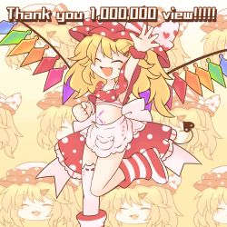 Rule 34 | 1girl, 216, blonde hair, bow, crystal, crystal wings, english text, engrish text, flandre scarlet, heart ribbon, highres, internet survivor, medium hair, multicolored bow, multicolored wings, polka dot, polka dot shirt, polka dot skirt, ranguage, shirt, skirt, solo, touhou, wings