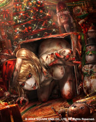 Rule 34 | 1girl, all fours, bad id, bad pixiv id, black lips, black sclera, blonde hair, blood, blood on clothes, blood on face, breasts, christmas, christmas tree, cleavage, colored sclera, colored skin, deadman&#039;s cross, deep wound, evil smile, gift bag, hat, injury, isaroishin, lipstick, looking at viewer, makeup, medium breasts, nurse, nurse (deadman&#039;s cross), official art, open mouth, outstretched arm, reaching, reaching towards viewer, red eyes, santa hat, short sleeves, slippers, smile, sparkle, stuffed animal, stuffed toy, teddy bear, tongue, tongue out, white skin, zombie