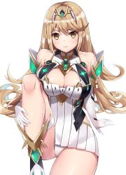 Rule 34 | 1girl, armor, blonde hair, blush, boots, breasts, cleavage, cleavage cutout, clothing cutout, elbow gloves, eol 9, gem, gloves, hair ornament, headpiece, highres, jewelry, large breasts, legs, long hair, looking at viewer, mythra (xenoblade), nintendo, shoulder armor, sitting, skirt, smile, solo, swept bangs, thigh strap, tiara, very long hair, xenoblade chronicles (series), xenoblade chronicles 2, yellow eyes