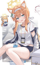 Rule 34 | 1girl, animal ear fluff, blue archive, blue eyes, blush, bottle, doodle sensei (blue archive), flower, gym shorts, gym uniform, hair flower, hair ornament, hair ribbon, hairband, halo, headband, highres, holding, holding bottle, id card, jacket, jersey, long hair, looking at viewer, mari (blue archive), mari (track) (blue archive), multicolored clothes, multicolored jacket, official alternate costume, open clothes, open jacket, open mouth, orange hair, plastic bottle, ribbon, sensei (blue archive), serika, shorts, simple background, track jacket, track suit, two-tone jacket, water bottle, white bag, white hairband, white headband