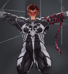 Rule 34 | 1boy, absurdres, akashi (alter) (live a hero), bara, black bodysuit, bodysuit, bound, bound wrists, closed mouth, covered abs, highres, kaido (62145659), kneeling, large pectorals, live a hero, male focus, muscular, muscular male, pectorals, red eyes, red hair, restrained, scar, scar on face, scar on nose, short hair, skin tight, solo, visor
