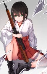 Rule 34 | 1girl, absurdres, artist name, black footwear, black hair, boots, closed mouth, combat boots, cross-laced footwear, cross hair ornament, green eyes, gun, hair between eyes, hair ornament, hakama, hakama short skirt, hakama skirt, highres, holding, holding gun, holding weapon, japanese clothes, knee up, looking at viewer, miko, original, pleated skirt, red skirt, rifle, scope, short hair, shuutou haruka, signature, sitting, skirt, solo, thighs, tsurime, weapon, wide sleeves