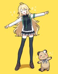 Rule 34 | 1girl, ahoge, black shirt, black skirt, black thighhighs, blonde hair, brown footwear, commentary request, frilled jacket, frilled shirt, frills, green necktie, happy, highres, jacket, loafers, long hair, long sleeves, miniskirt, necktie, nijisanji, outstretched arms, plaid necktie, pleated skirt, shirt, shoes, simple background, skirt, solo, thighhighs, todo kohaku, virtual youtuber, waka (wk4444), white jacket, yellow background