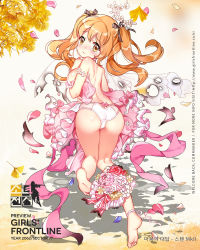 Rule 34 | 1girl, ass, barefoot, blonde hair, blush, bow, bow panties, breasts, character name, copyright name, dress, feet, full body, ginkgo leaf, ginkgo tree, girls&#039; frontline, highres, leaf, looking at viewer, looking back, medium breasts, official alternate costume, official art, panties, petals, soles, solo, sten mkii (girls&#039; frontline), sten mkii (reciprocated love) (girls&#039; frontline), tears, toes, torn clothes, twintails, underwear, wedding dress, white panties
