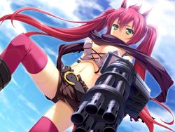 Rule 34 | 1girl, android, belt, cloud, dutch angle, from below, game cg, green eyes, gun, highres, lens flare, long hair, looking down, midriff, mio (otomimi infinity), navel, no bra, otomimi infinity, outdoors, pink thighhighs, red hair, scarf, short shorts, shorts, sky, solo, thighhighs, twintails, weapon