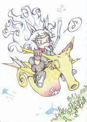 Rule 34 | 1girl, absurdres, air bubble, animal ears, brown gloves, brown pants, bubble, collar, commentary request, diving mask, dog child (doitsuken), dog ears, doitsuken, fish, gloves, goggles, grey shirt, highres, long hair, manta ray, original, pants, red eyes, riding, scan, seahorse, shirt, shoes, slit pupils, snorkel, spiked collar, spikes, traditional media, underwater, very long hair
