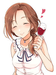 Rule 34 | 1girl, alcohol, cup, drinking glass, closed eyes, facing viewer, hair over shoulder, heart, highres, idolmaster, idolmaster cinderella girls, jewelry, kawashima mizuki, long hair, mariabowl, necklace, pinky out, ponytail, simple background, sleeveless, smile, solo, upper body, white background, wine, wine glass