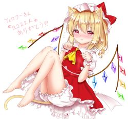 Rule 34 | 1girl, animal ear fluff, animal ears, arms up, ascot, bare legs, barefoot, blonde hair, bloomers, blush, cat ears, cat tail, commentary request, embarrassed, flandre scarlet, flying sweatdrops, frown, hair between eyes, hat, hat ribbon, highres, kemonomimi mode, knees together feet apart, knees up, leaning back, looking at viewer, mob cap, nyanyanoruru, one side up, partial commentary, paw pose, petticoat, puffy short sleeves, puffy sleeves, red eyes, red skirt, red vest, ribbon, shirt, short hair, short sleeves, simple background, sitting, skirt, solo, tail, tareme, tearing up, thank you, touhou, translation request, underwear, vest, white background, white hat, white shirt, wings, wrist cuffs, yellow ascot