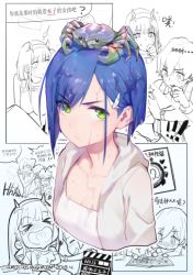 Rule 34 | &gt; &lt;, 10s, 2girls, animal, animal on head, blue hair, breasts, chinese text, cleavage, closed mouth, commentary, crab, cropped torso, darling in the franxx, dated, english commentary, eyes visible through hair, frown, gorgeous mushroom, green eyes, grey jacket, hair ornament, hairclip, heart, heart in mouth, hiro (darling in the franxx), hood, hooded jacket, ichigo (darling in the franxx), jacket, laughing, looking at viewer, multiple girls, on head, shirt, short hair, signature, simplified chinese text, solo focus, translation request, wet, wet clothes, white shirt, zero two (darling in the franxx)