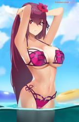 Rule 34 | 1girl, armpits, arms behind head, arms up, bikini, blue sky, breasts, cleavage, closed mouth, collarbone, fate/grand order, fate (series), flower, hair flower, hair ornament, hibiscus, highres, innertube, kisou (kisou00), large breasts, long hair, looking at viewer, navel, ocean, purple bikini, purple hair, red eyes, scathach (fate), scathach (fate/grand order), scathach (swimsuit assassin) (fate), sky, swim ring, swimsuit, thighs, wading