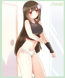 Rule 34 | 1girl, absurdres, bare arms, bare shoulders, blush, border, breasts, brown hair, closed mouth, crop top, dressing, english text, feet out of frame, flower, green border, groin, hair flower, hair ornament, highres, long hair, medium breasts, navel, ninja, non (wednesday-classic), original, panties, red eyes, sleeveless, solo, standing, underwear, very long hair, white flower, white panties