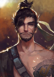 Rule 34 | 1boy, arm tattoo, asymmetrical clothes, bandolier, bare shoulders, beard, brown eyes, brown hair, character name, collarbone, dragon tattoo, facial hair, facial scar, furrowed brow, goatee, hair tie, hanzo (overwatch), japanese clothes, kimono, looking at viewer, male focus, mustache, oryuvv, overwatch, overwatch 1, ponytail, scar, scar on cheek, scar on face, short hair, solo, tattoo, upper body
