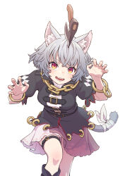 Rule 34 | 1girl, absurdres, animal ear fluff, animal ears, axe, black shirt, bracelet, brown eyes, cat ears, cat tail, chain, grey hair, highres, jewelry, kawayabug, looking at viewer, open mouth, original, planted, planted axe, sharp teeth, shirt, short hair, short sleeves, simple background, skirt, slit pupils, solo, tail, teeth, thigh strap, white background, white skirt