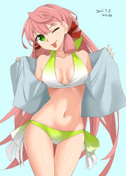 Rule 34 | 1girl, absurdres, akashi (kancolle), artist name, bare shoulders, bikini, blue background, blunt tresses, breasts, cleavage, collarbone, commentary request, cowboy shot, dated, gradient bikini, hair ribbon, hamukiyo, highres, kantai collection, large breasts, long hair, navel, official alternate costume, one eye closed, open clothes, open shirt, partial commentary, pink hair, ribbon, side-tie bikini bottom, simple background, solo, swimsuit, tongue, tongue out, tress ribbon, very long hair