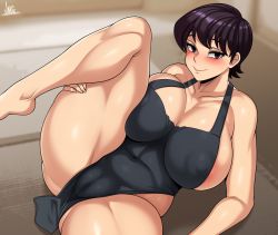 Rule 34 | 1girl, absurdres, apron, ass, black eyes, black hair, blush, breasts, cameltoe, come hither, covered erect nipples, curvy, feet, gluteal fold, highres, huge breasts, jmg, komi-san wa komyushou desu, komi shuuko, large breasts, looking at viewer, mature female, naked apron, nipples, nude, presenting, purple eyes, purple hair, pussy, short hair, smile, solo, spread legs, teasing, thick thighs, thighs