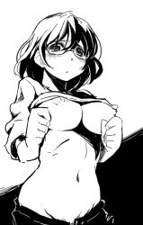 Rule 34 | 1girl, blush, breasts, from below, glasses, greyscale, kubocha, looking at viewer, looking down, monochrome, navel, nipples, original, simple background, solo, white background