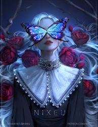 Rule 34 | 1girl, artist name, blonde hair, blue butterfly, brooch, bug, butterfly, covered eyes, floating hair, flower, gradient background, green hair, highres, insect, jewelry, long hair, mole, mole under mouth, nixeu, original, red flower, red lips, red rose, rose, solo, tree, upper body, watermark, web address