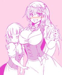 Rule 34 | 10s, 2girls, ;(, alcohol, anchor, anchor choker, beer, beer can, beer mug, bismarck (kancolle), blunt bangs, blush, breast envy, breast press, breasts, can, cleavage, collarbone, cup, dirndl, drink can, german clothes, germany, hisano kiji, kantai collection, large breasts, long hair, looking at another, looking at viewer, monochrome, mug, multiple girls, oktoberfest, one eye closed, open mouth, pink background, pink theme, short hair, simple background, small breasts, smile, underbust, wince, z3 max schultz (kancolle)