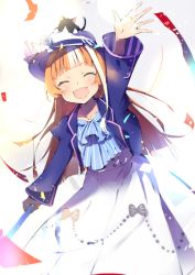 Rule 34 | 1girl, :d, akikawa yayoi (umamusume), animal, animal on head, arm up, backlighting, blush, cat, cat on head, commentary request, confetti, cropped jacket, dress, closed eyes, fang, flower, hat, hat flower, long sleeves, multicolored hair, nekopote, on head, open mouth, orange hair, skin fang, smile, streaked hair, sun hat, umamusume, white background, white dress, white hair
