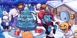 Rule 34 | &gt; &lt;, alphys, animated, animated gif, annoying dog, beanie, blue skin, blush, box, christmas, christmas ornaments, christmas tree, christy frisby, coat, colored sclera, colored skin, earmuffs, eyepatch, fins, footprints, frisk (undertale), furry, gift, gift box, glasses, grin, hands in pockets, hat, head fins, heart, held up, house, jacket, looping animation, mistletoe, monster girl, monster kid (undertale), multiple boys, multiple girls, outdoors, ponytail, raised eyebrow, red hair, sans (undertale), scarf, sharp teeth, shirt, slippers, smile, snow, snowing, standing, standing on one leg, striped clothes, striped shirt, teeth, toriel, tree, undertale, undyne, yellow sclera, yellow skin