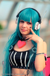 Rule 34 | 1girl, 5pb (neptunia), blue hair, cosplay, female focus, headphones, highres, neptune (series), photo (medium), solo, upper body
