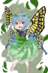 Rule 34 | 1girl, antennae, aqua hair, barefoot, blush, breasts, butterfly wings, dress, eringi (rmrafrn), eternity larva, fairy, full body, green dress, hair between eyes, highres, insect wings, leaf, leaf on head, medium breasts, multicolored clothes, multicolored dress, open mouth, short hair, short sleeves, single strap, smile, solo, touhou, wings, yellow eyes