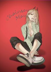 Rule 34 | 1girl, text background, black necktie, black pants, blonde hair, blood, blood from mouth, blood on breasts, breasts, chainsaw man, cleavage, collarbone, cross-laced footwear, crossed legs, finger in own mouth, hair between eyes, highres, horns, long hair, looking at viewer, loose necktie, medium breasts, midorino tanuki, necktie, one eye closed, oni horns, open clothes, open shirt, pants, pants rolled up, parted lips, power (chainsaw man), red background, red horns, shadow, shirt, shoe soles, sitting, solo