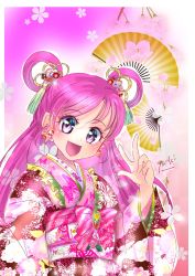 Rule 34 | 1girl, :d, animal print, border, butterfly earrings, butterfly print, cure dream, earrings, eyelashes, hair rings, highres, japanese clothes, jewelry, kimono, long hair, long sleeves, looking at viewer, manekineko5319, open mouth, outline, pink hair, precure, purple eyes, signature, smile, solo, upper body, very long hair, w, white border, wide sleeves, yes! precure 5, yukata