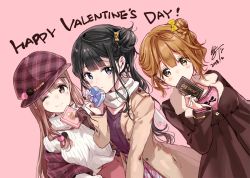 Rule 34 | 3girls, ;), artist name, black collar, black hair, blue eyes, blush, box, brown coat, brown eyes, brown hair, coat, collar, commentary request, dated, dutch angle, english text, gift, hair bun, happy valentine, heart-shaped box, holding, holding gift, long hair, long sleeves, looking at viewer, mole, mole under eye, multiple girls, off shoulder, one eye closed, open clothes, open coat, original, parted lips, pink background, pink skirt, plaid, plaid skirt, pleated skirt, purple shawl, purple sweater, ribbed sweater, scarf, shawl, short hair, side bun, side ponytail, signature, simple background, single side bun, skirt, smile, standing, sweater, tiv, turtleneck, valentine, white scarf, white sweater