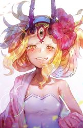 Rule 34 | 1girl, bare shoulders, blonde hair, breasts, clenched teeth, collarbone, crying, emoillu, facial mark, fate/grand order, fate (series), flower, forehead, forehead mark, hair pulled back, hairband, hibiscus, horns, ibaraki douji (fate), ibaraki douji (fate/grand order), ibaraki douji (swimsuit lancer) (fate), ibaraki douji (swimsuit lancer) (second ascension) (fate), long hair, looking at viewer, one-piece swimsuit, oni, oni horns, small breasts, solo, swimsuit, tattoo, teeth, wavy mouth, white one-piece swimsuit, yellow eyes