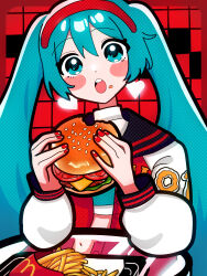 Rule 34 | 1girl, :o, absurdres, aqua eyes, aqua hair, blue eyes, blue hair, blush, burger, casual, checkered background, crop top, earrings, food, food bite, food on face, french fries, glass table, hair between eyes, hair ornament, hairband, halftone, hatsune miku, heart, heart earrings, highres, holding, holding food, jacket, jewelry, letterman jacket, long hair, looking at viewer, mcdonald&#039;s, midriff, open mouth, red hairband, red nails, shirt, simple background, solo, sugarmonaka, table, twintails, very long hair, vocaloid