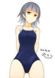 Rule 34 | 10s, 1girl, :/, arare (kancolle), arms behind back, artist name, black hair, blue one-piece swimsuit, blunt bangs, closed mouth, collarbone, competition school swimsuit, cowboy shot, crotch, dated, expressionless, gradient hair, grey hair, hip focus, kantai collection, kitaminami, looking at viewer, multicolored hair, one-piece swimsuit, school swimsuit, short hair, signature, simple background, solo, standing, swimsuit, white background, yellow eyes