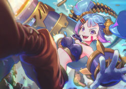 Rule 34 | 1girl, absurdres, amelia (idle heroes), ammunition pouch, bandaid, bandaid on face, black shirt, blue eyes, blue hair, boots, brown footwear, brown pants, bullet hair ornament, eyelashes, gloves, gold choker, grenade hair ornament, highres, idle heroes, midriff, open mouth, outstretched arms, pants, pouch, shirt, solo, spiked gloves, spread arms, teeth, tendoshi, white gloves