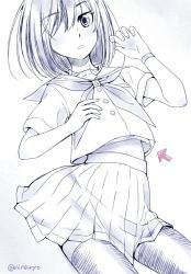 Rule 34 | 1girl, arm up, arrow (symbol), buttons, expressionless, eyelashes, fingernails, flip flappers, hair over one eye, hand on own chest, hatching (texture), kokomine cocona, looking at viewer, monochrome, navel, neckerchief, niina ryou, open mouth, pleated skirt, sailor collar, school uniform, serafuku, short hair, short sleeves, skirt, solo, spot color, thighhighs, twitter username, watch, white background, wristwatch