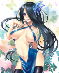 Rule 34 | 1girl, :q, areola slip, black hair, black thighhighs, blue eyes, breasts, bug, butterfly, butterfly hair ornament, commentary request, covered erect nipples, criss-cross halter, hair ornament, hair over one eye, halterneck, halterneck, hebino rai, highres, insect, large breasts, legs, long hair, nail polish, narrow waist, navel, nouhime, original, side slit, smile, solo, thighhighs, thighs, tongue, tongue out