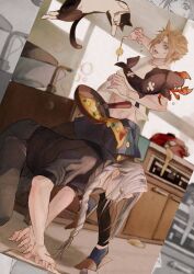 Rule 34 | 2boys, all fours, alternate costume, alternate hairstyle, arm up, bandaid, black leggings, black pants, black shirt, blonde hair, blue eyes, blue shorts, blue socks, braid, bubble, cat, cleaning, cloud strife, commentary request, cooking, crab, cupboard, day, dropped food, dropping, dutch angle, falling, final fantasy, final fantasy vii, fish, food, frying pan, full body, grey hair, hair over shoulder, highres, imminent injury, indoors, jumping, kitchen, kneeling, leggings, long bangs, long hair, looking down, male focus, messy, midriff peek, multiple boys, muscular, muscular male, open mouth, pants, plate, sephiroth, shirt, short hair, shorts, single braid, sink, sleeves rolled up, slippers, socks, solo, spiked hair, standing, stove, sweatdrop, white shirt, yakinik10790100